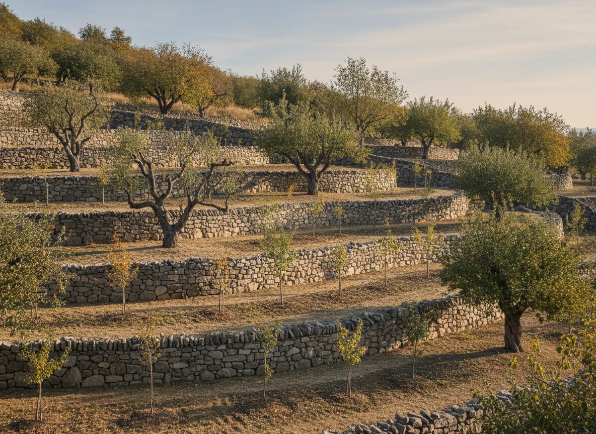 Terraced hillside orchard with traditional dry stone walls
